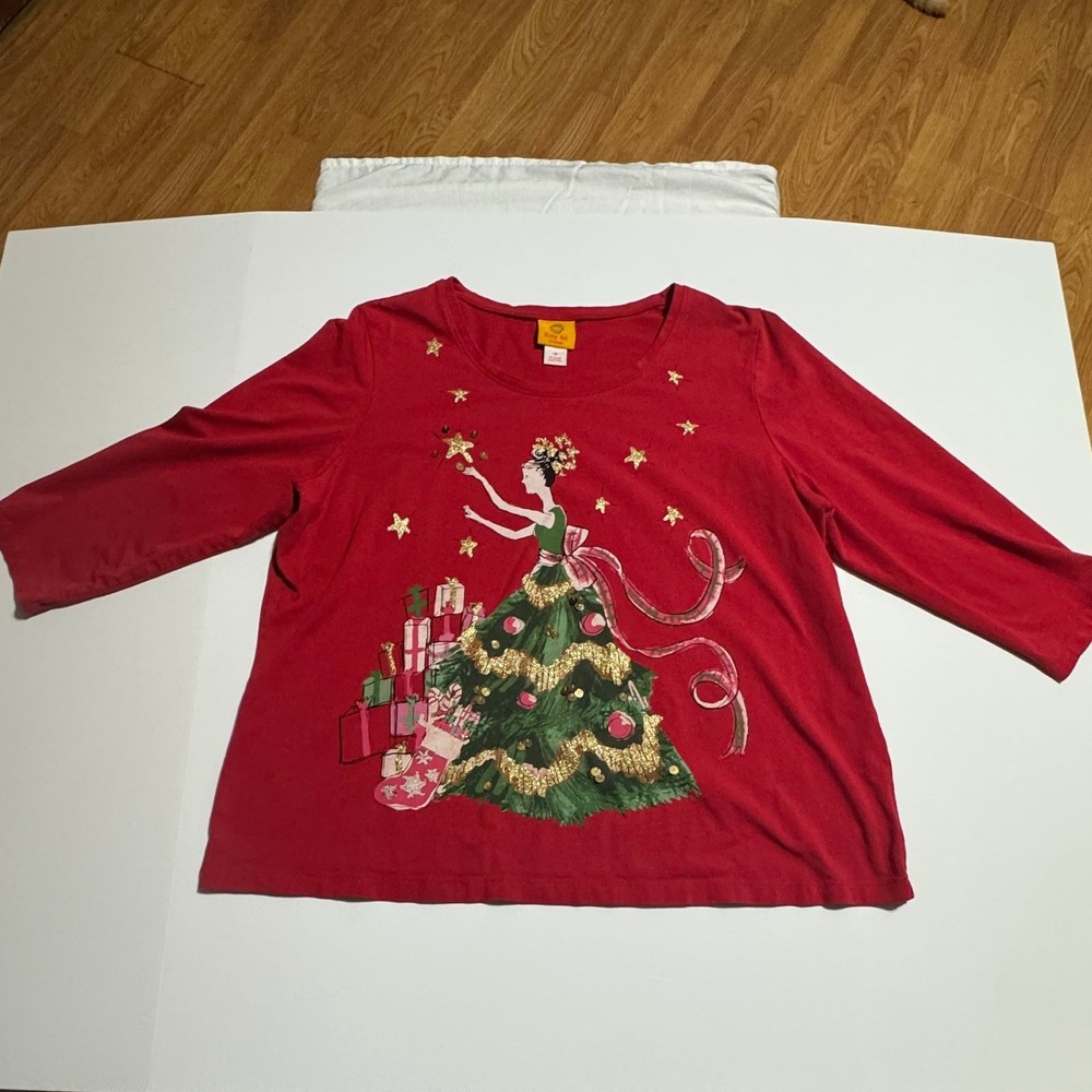 Ruby Rd Woman Red Christmas Tree Dress Graphic Top Sequin Stars 1X